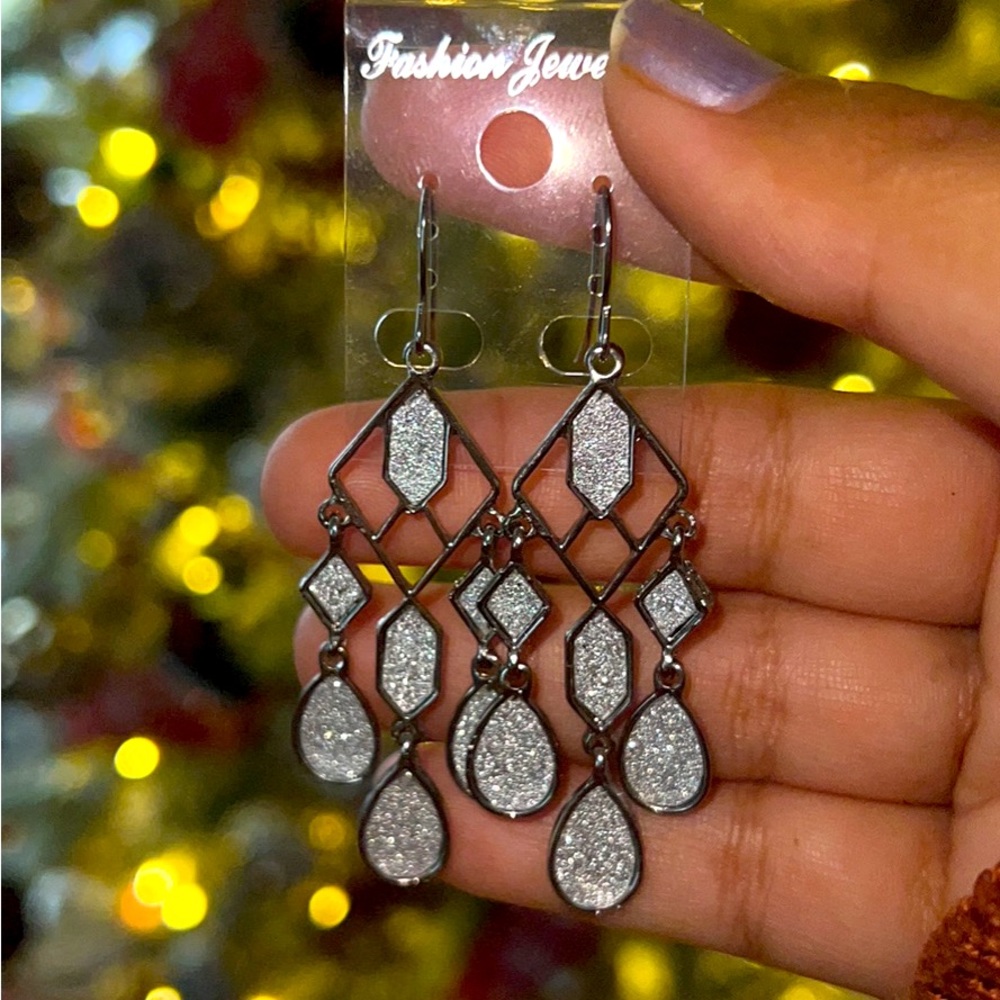 Sparkly silver earrings drop jewelry for women